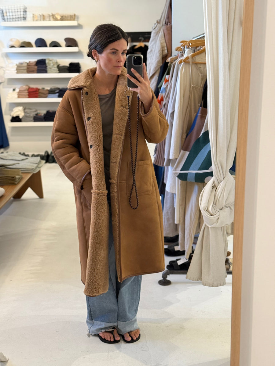 SHEEPSKIN SUEDE CURLY ROO COAT - TAN