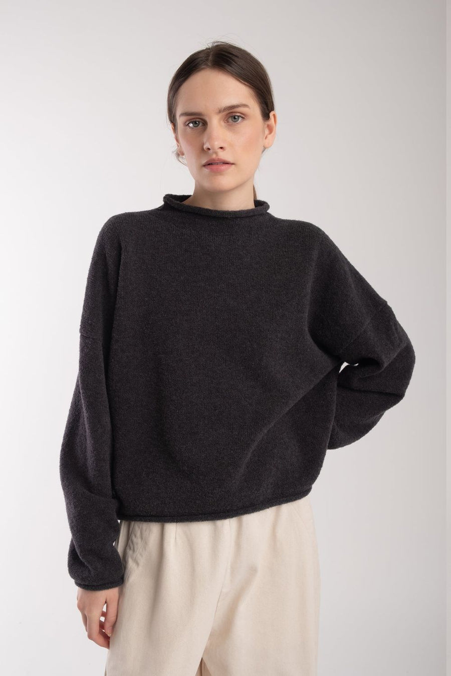 BOUCLE ROLLED SWEATER - CHARCOAL