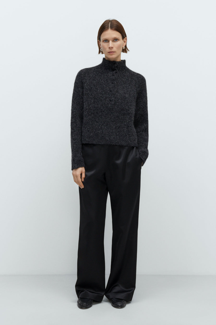 BABY ALPACA POLO SWEATER - ANTHRACITE
