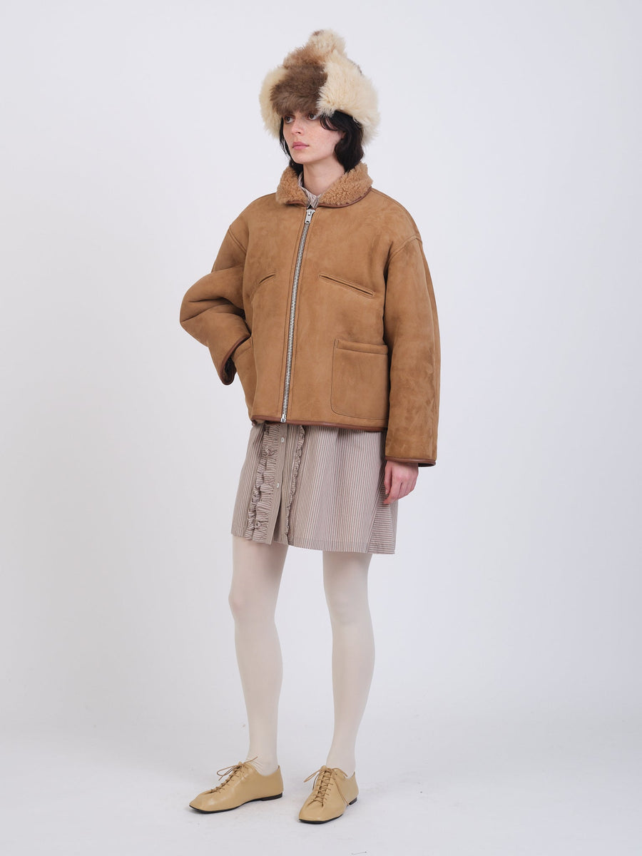 SUEDE BACK CURLY SHEEPSKIN FLYING JACKET - TAN