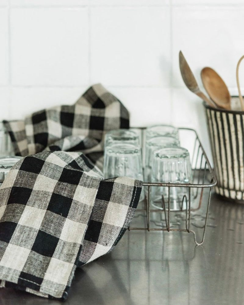 LINEN TEA TOWEL - BLACK CHECK