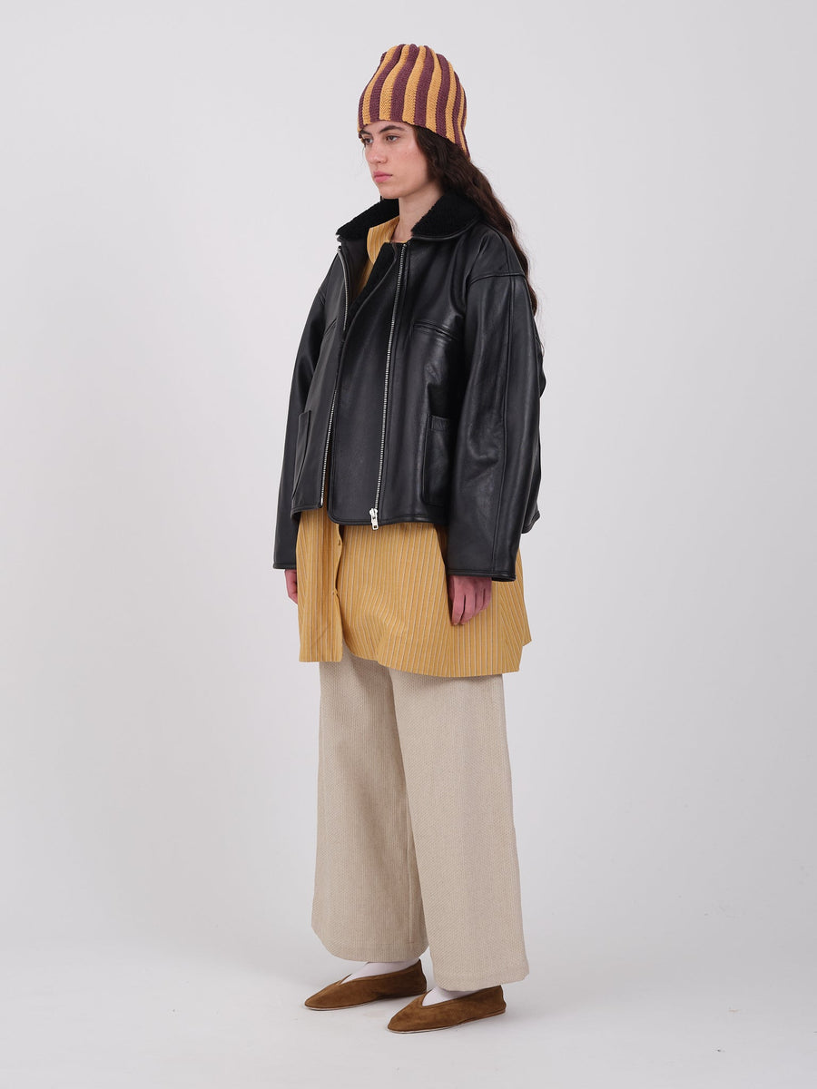 LEATHER BACK STRAIGHT HAIR RONNY FLYING JACKET - BLACK