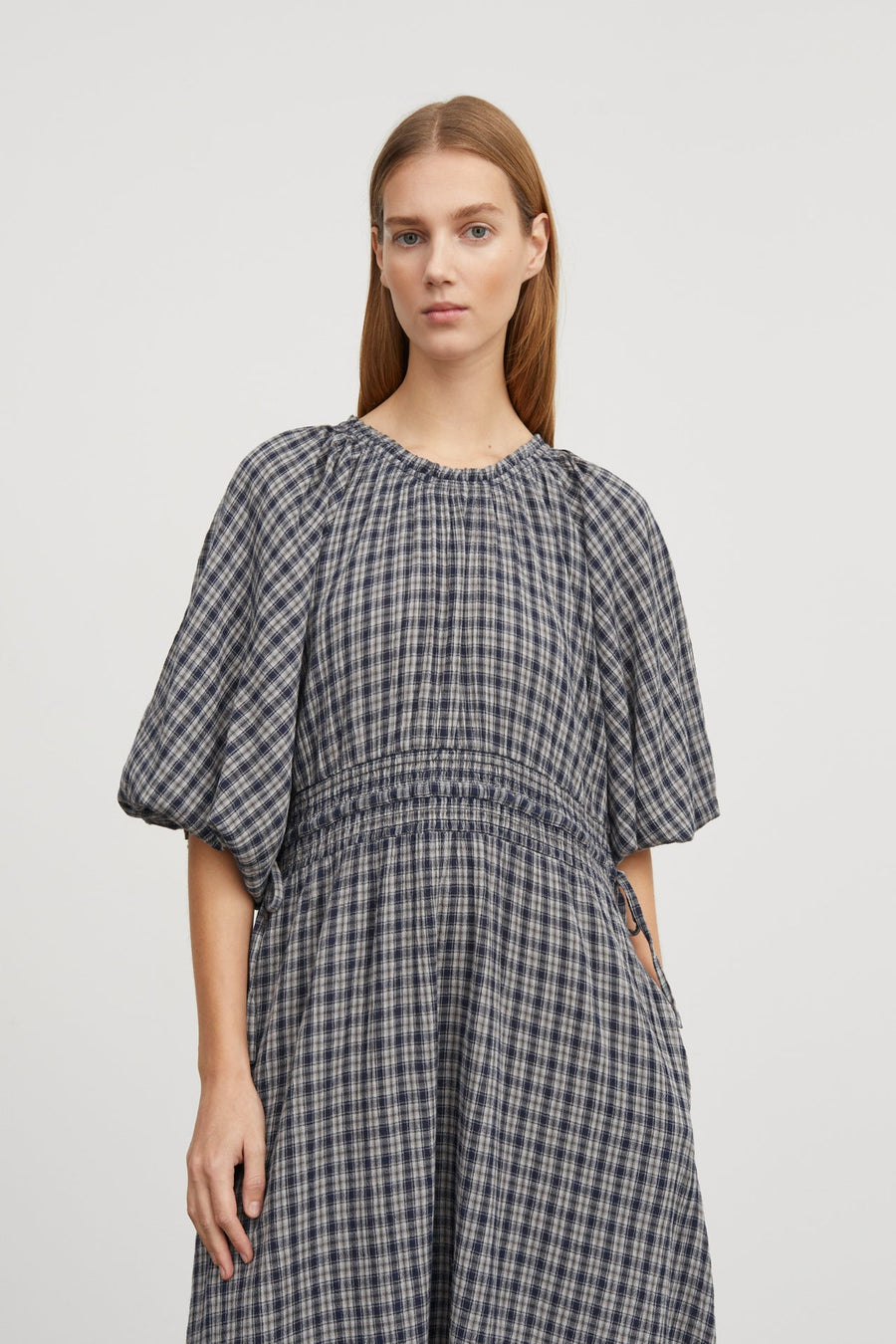 CAROLA DRESS - NAVY/BEIGE CHECK