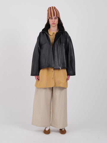 LEATHER BACK STRAIGHT HAIR RONNY FLYING JACKET - BLACK