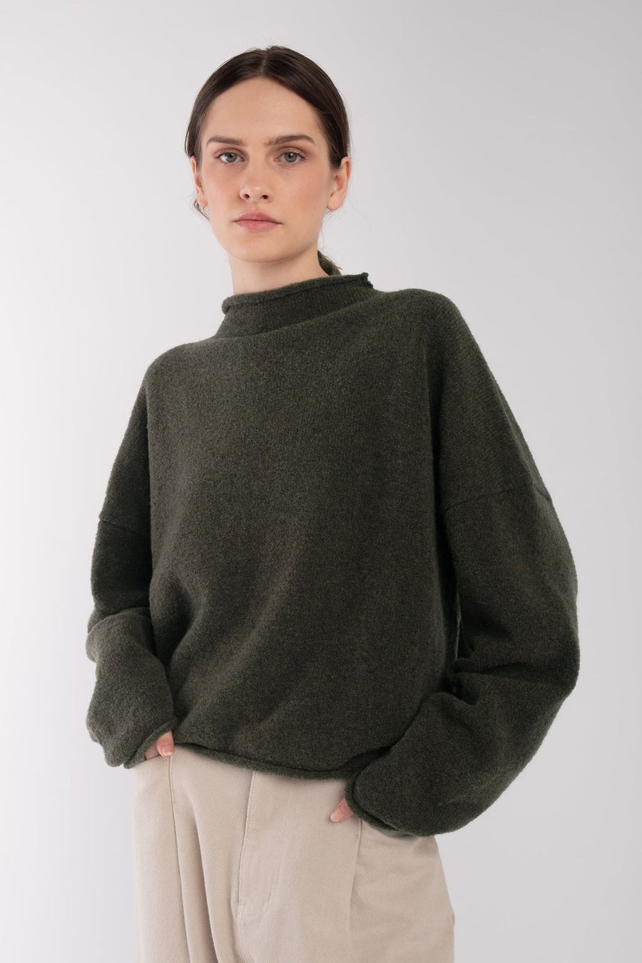 BOUCLE ROLLED SWEATER - DARK OLIVE