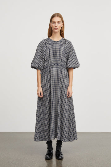 CAROLA DRESS - NAVY/BEIGE CHECK