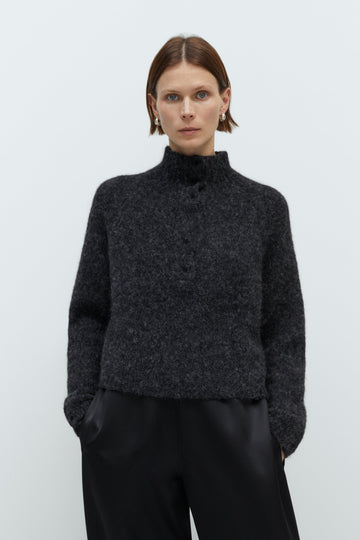 BABY ALPACA POLO SWEATER - ANTHRACITE