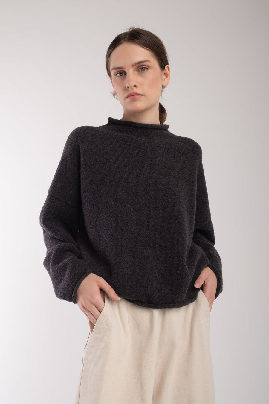 BOUCLE ROLLED SWEATER - CHARCOAL