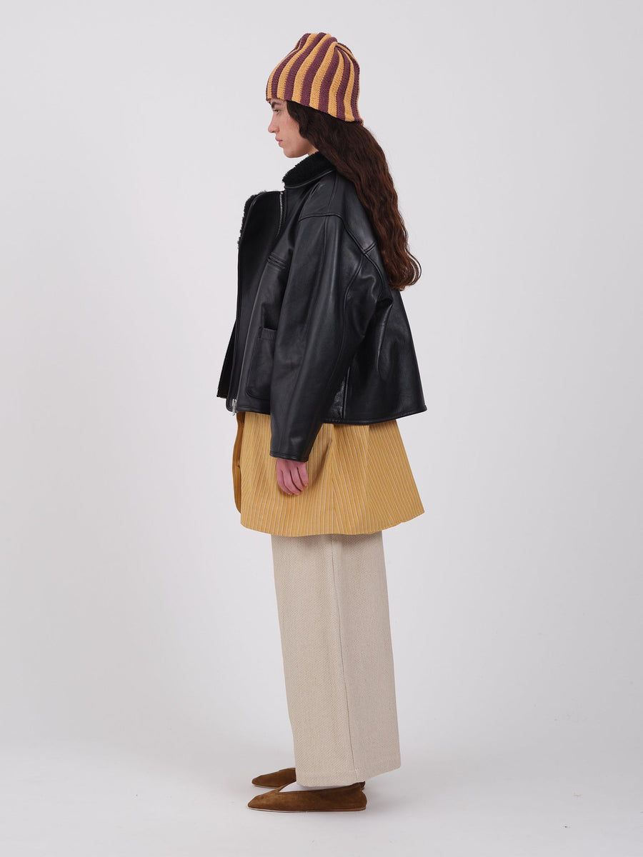 LEATHER BACK STRAIGHT HAIR RONNY FLYING JACKET - BLACK