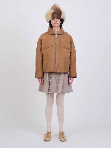 SUEDE BACK CURLY SHEEPSKIN FLYING JACKET - TAN
