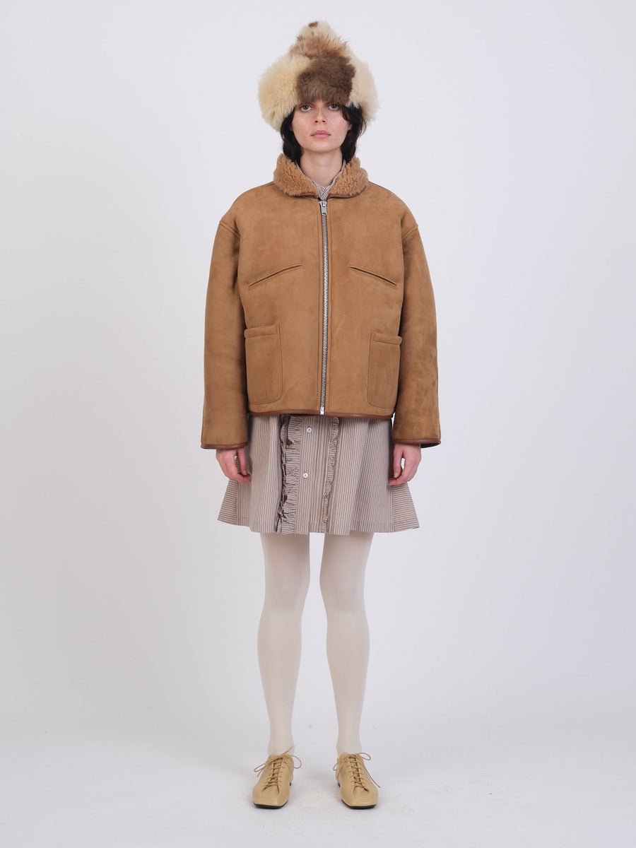 SUEDE BACK CURLY SHEEPSKIN FLYING JACKET - TAN