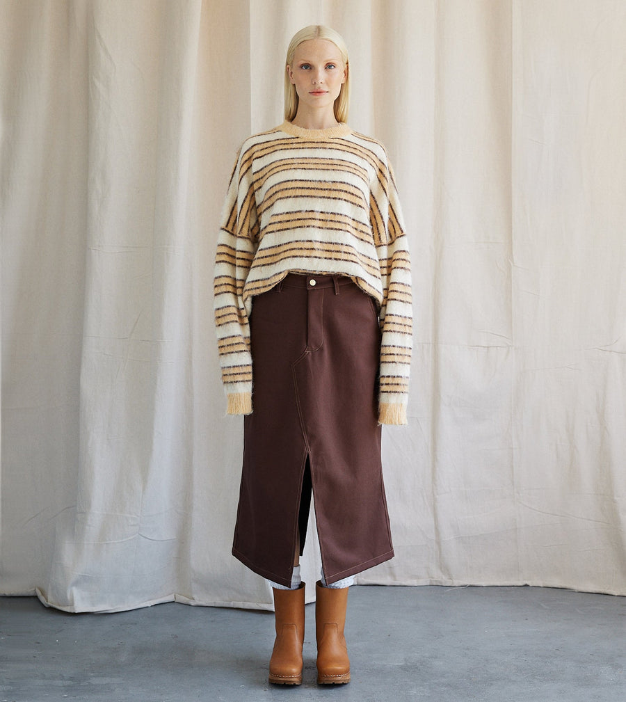 PRE- LOVED - BOHEME GOODS - COWBOY BROWN BULL DENIM SKIRT - M/L