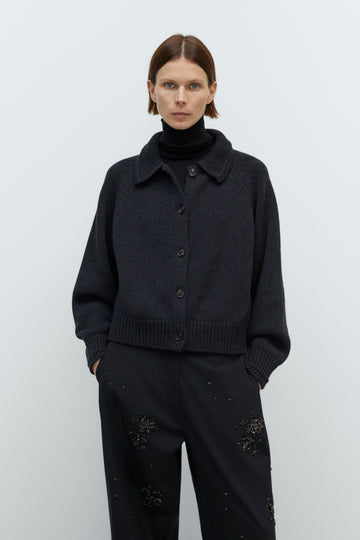 MERINO WOOL COLLAR CARDIGAN - ANTHRACITE