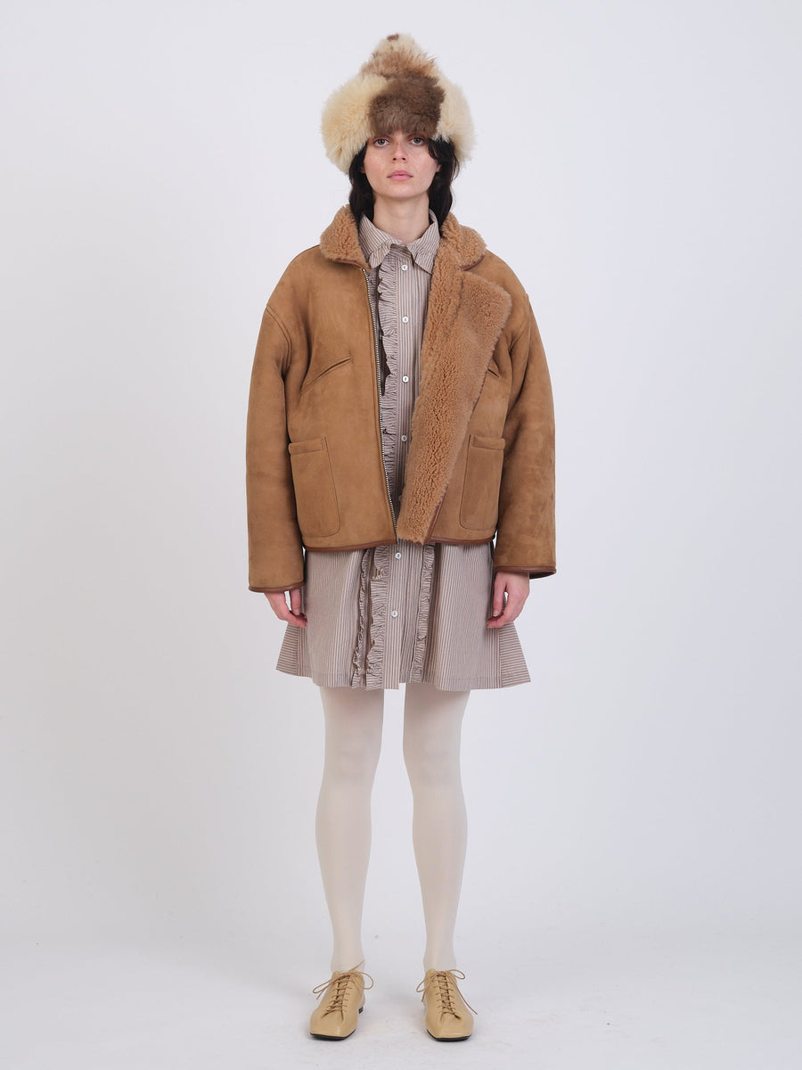 SUEDE BACK CURLY SHEEPSKIN FLYING JACKET - TAN