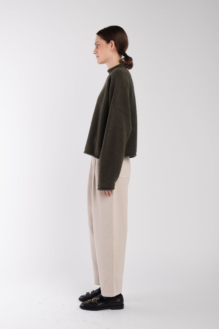 BOUCLE ROLLED SWEATER - DARK OLIVE