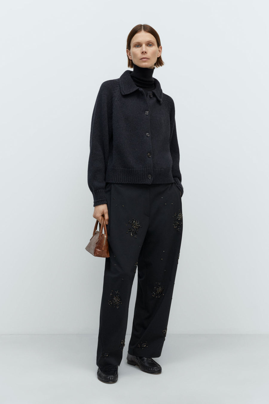 MERINO WOOL COLLAR CARDIGAN - ANTHRACITE