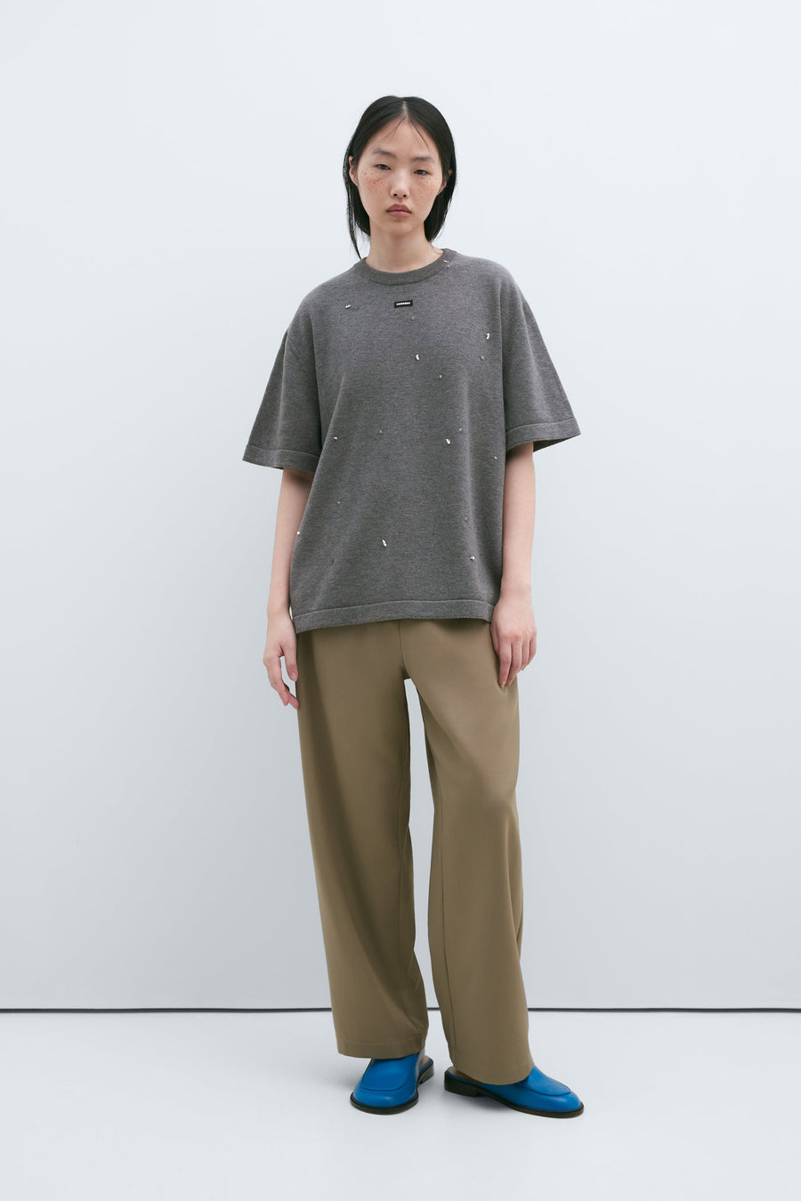 MERINO WOOL BEADED T-SHIRT - GREY