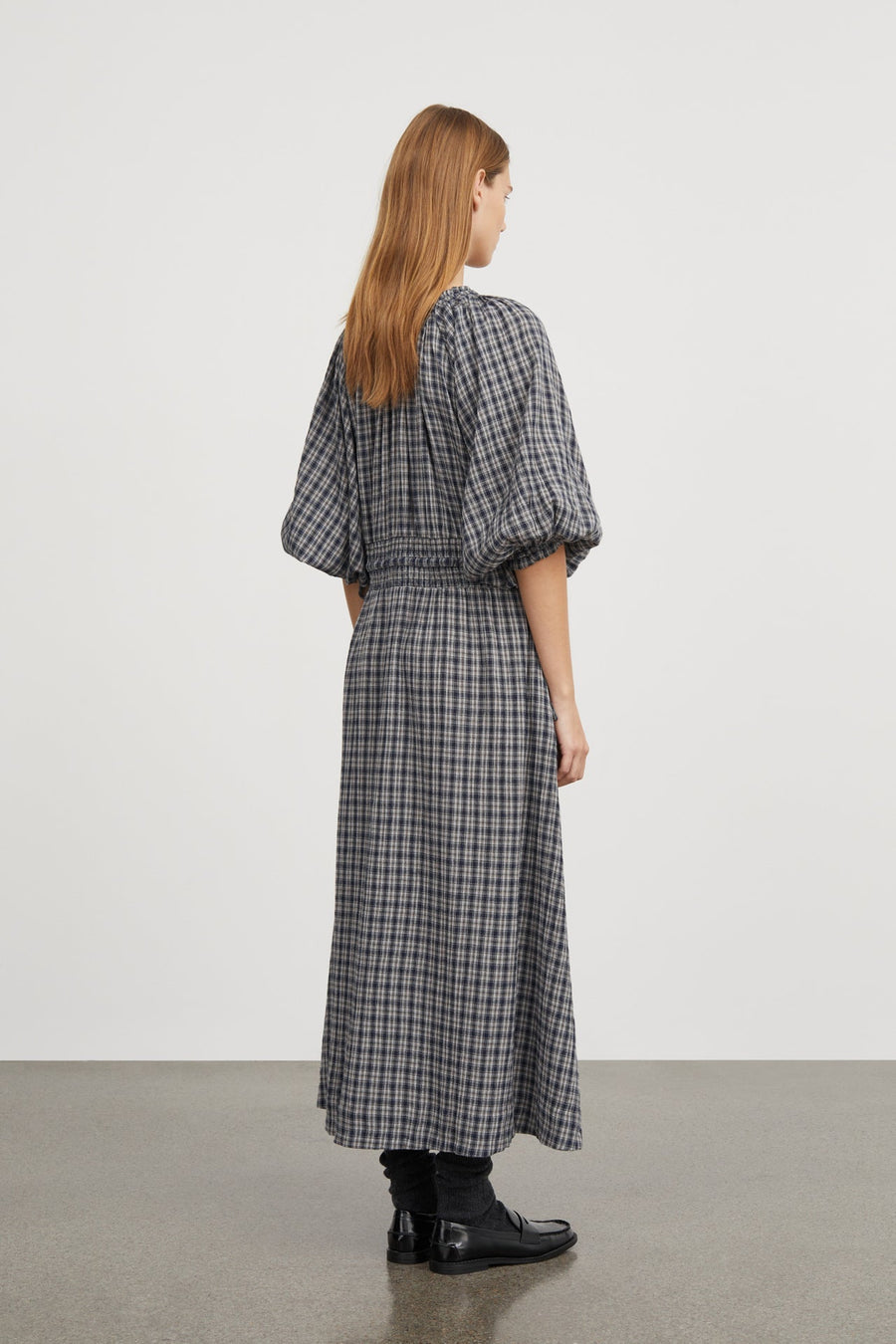 CAROLA DRESS - NAVY/BEIGE CHECK