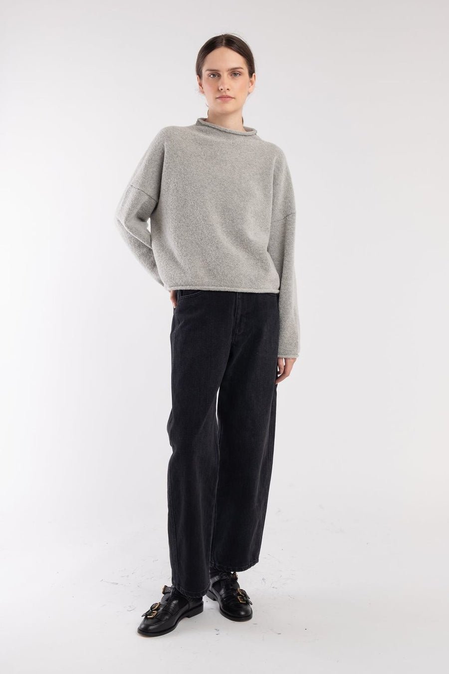 BOUCLE ROLLED SWEATER - HEATHER GREY