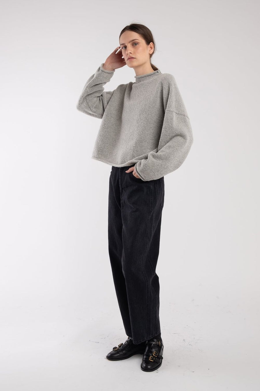 BOUCLE ROLLED SWEATER - HEATHER GREY