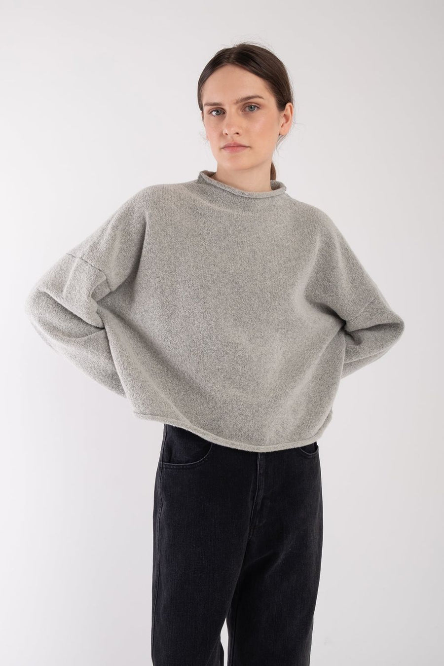 BOUCLE ROLLED SWEATER - HEATHER GREY