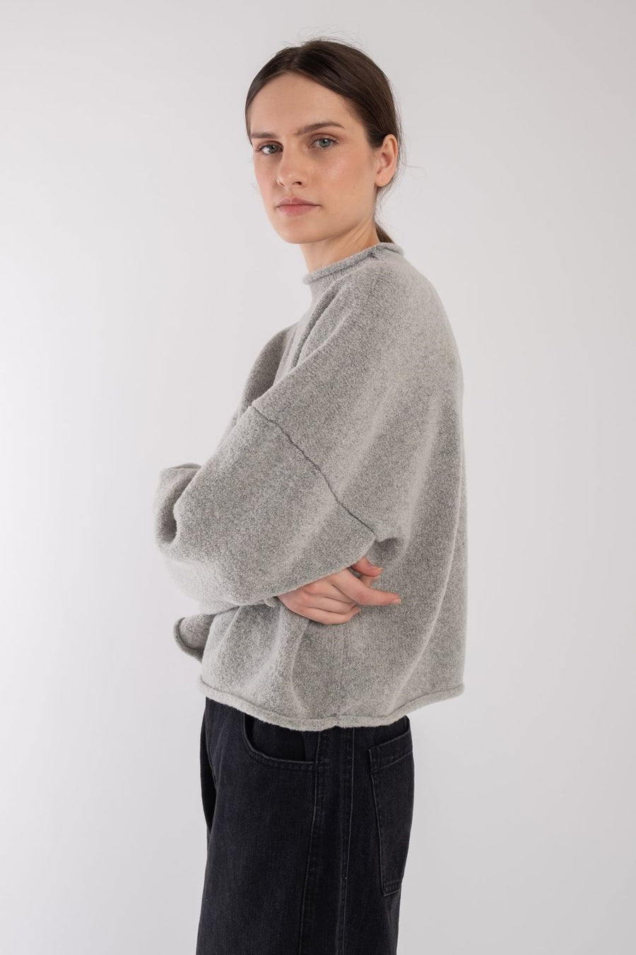 BOUCLE ROLLED SWEATER - HEATHER GREY